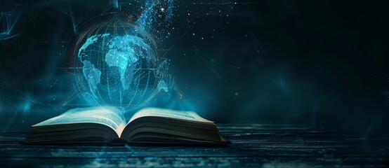 Wall Mural - an open book with a blue glowing globe above it symbolizing the power of knowledge and education. wo