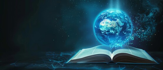 Wall Mural - an open book with a blue glowing globe above it symbolizing the power of knowledge and education. wo