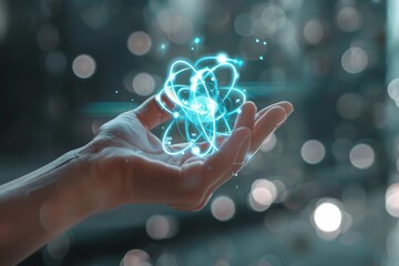 Wall Mural - hand holding glowing atom. physics, science, quantum mechanics, nuclear energy and power concept.