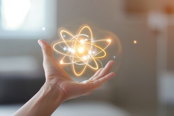 Hand holding glowing atom. Physics, science, quantum mechanics, nuclear energy and power concept.