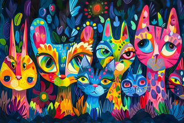 Poster - Colorful Cat & Rabbit Painting