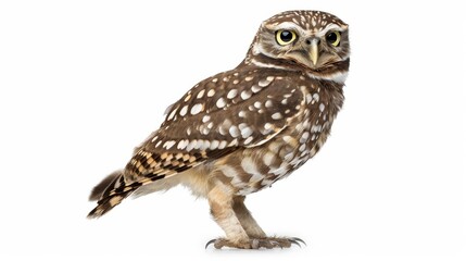 curious burrowing owl with brown and white spotted feathers stands alert, gazing at the camera. its 