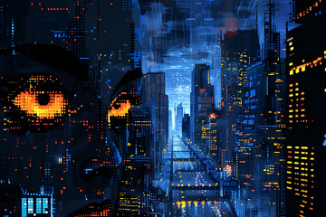 Canvas Print - Cyberpunk Cityscape with Glowing Eyes