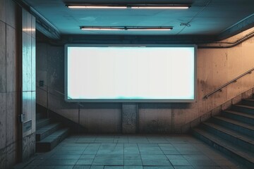 Poster - An empty room with stairs leading up to a large screen