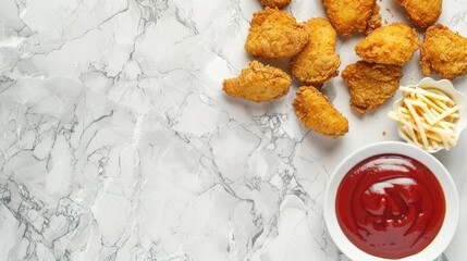 Wall Mural - Top view of a marble table with ketchup chicken nuggets and cheese sticks with space for text