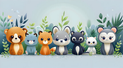 Wall Mural - Cute Animal Friends in the Forest