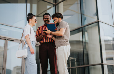 Diverse business people collaborating and discussing ideas in front of a modern city building. Teamwork and professional interaction in an urban setting.