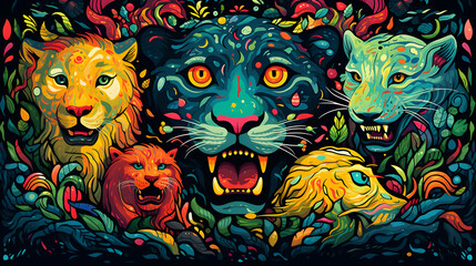 Sticker - Wild Animal Illustration of Lion, Panther, and Leopard