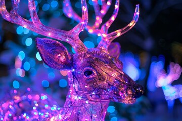 Sticker - Closeup of a glittering deer sculpture adorned with vibrant purple holiday lights