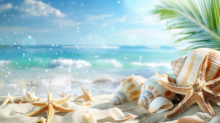 Canvas Print - many shells and starfish on white sand with beautiful ocean background