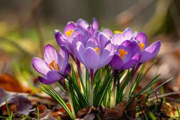 Wall Mural - Stunning cluster of purple crocus flowers shine amid a sunlit, natural setting