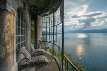 Poster - A person standing on a balcony overlooking a serene lake surrounded by majestic mountains