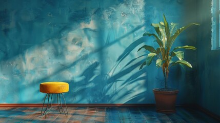 Wall Mural - design scene, A room with yellow stools and a plant on a blue background