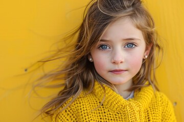 Canvas Print - A young child with bright blue eyes wearing a yellow sweater