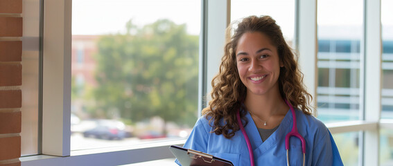 Wall Mural - Smiling Nurse with Clipboard in Hospital