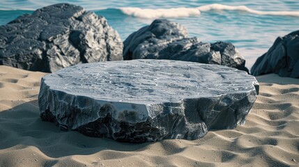 Sticker - Natural volcanic rock stone podium on beach with sand for cosmetic product display