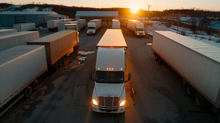 trucks with cargo trailers at a trucking company loading dock during sunset