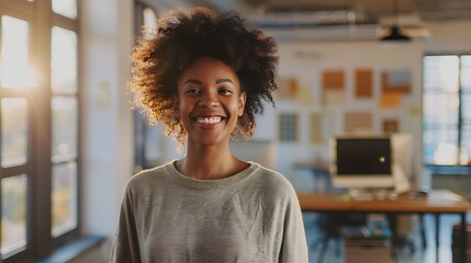 Sticker - A smiling young woman with curly hair stands in an office setting with natural light streaming in, exuding confidence and positivity, representing a modern professional environment.