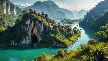 Canvas Print - Ancient Temple on a Mountain Cliff Overlooking a Serene Lake.