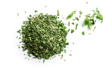 Wall Mural - A close-up shot of a pile of green leaves on a white background, perfect for use in editorial or commercial contexts