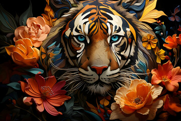 Canvas Print - Tiger & Flowers: Paper Art