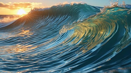 Wall Mural - Golden Sunset Reflected in Ocean Wave.