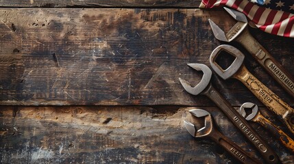 Several vintage hand tools lie on a worn wooden surface with an American flag, symbolizing craftsmanship, historical traditions, and the enduring spirit of manual labor.