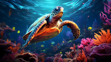 Poster - Sea Turtle Swimming Through Coral Reef