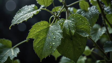 Wall Mural - Dew Drops on Green Leaves.