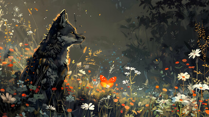 Poster - Wolf and Butterfly in a Field