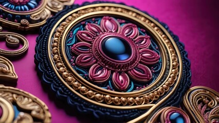 Wall Mural - Close-up of intricate gold, blue, and pink jewelry with a central gemstone.