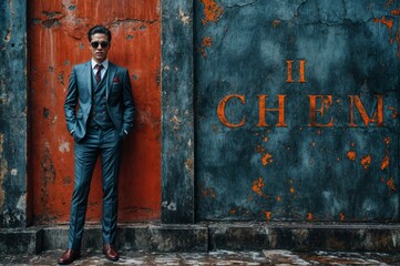 Man In Suit Standing By Rustic Wall