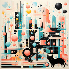 Wall Mural - Abstract Cityscape with Cat