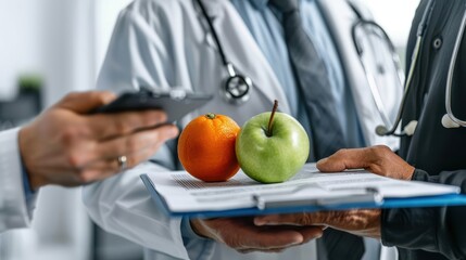 Doctors discussing nutrition with apples and oranges, emphasizing health and balanced diet in a medical setting with stethoscopes.