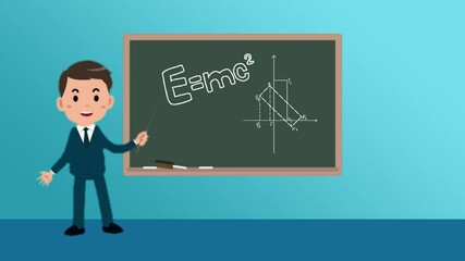 Wall Mural - Cartoon teacher in a suit explaining physics and math equations on a blackboard. Educational and instructional classroom setting, ideal for learning resources and teaching materials.