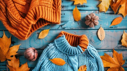 Wall Mural - Cozy retro style sweaters with autumn leaves orange and blue colors hygge vibe autumn season