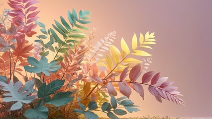 Poster - Pastel Leaves on a Pink Background.