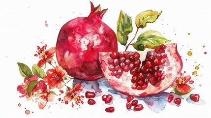 Wall Mural - Artistic watercolor drawing painting of fresh pomegranate fruit