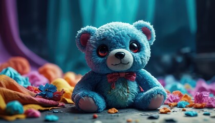 Wall Mural - Blue Teddy Bear with Bow Tie in a Colorful Setting.