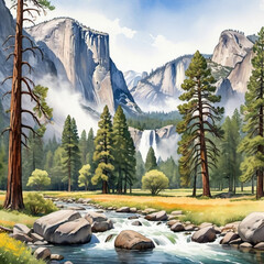 Wall Mural - Watercolor illustration Yosemite National Park, located in the western Sierra Nevada mountains of California, is renowned for its stunning natural landscapes