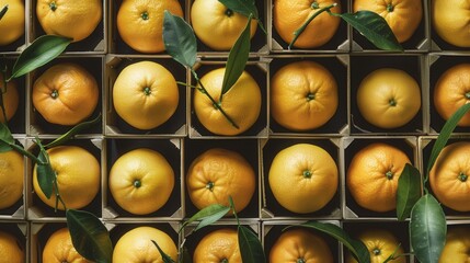 Seamless repetitive background pattern of fresh orange fruit with leaf in boxes