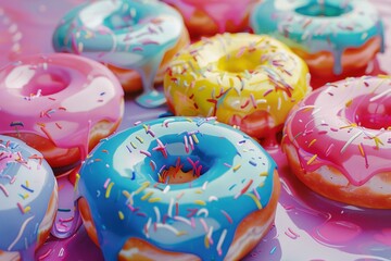 Wall Mural - Assorted donut selection with vibrant icing and colorful sprinkles on a reflective surface