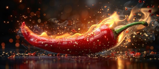 Wall Mural - Fiery Red Chili Pepper in Flames