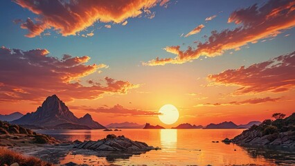 Wall Mural - Sunset over a Mountainous Coastline.