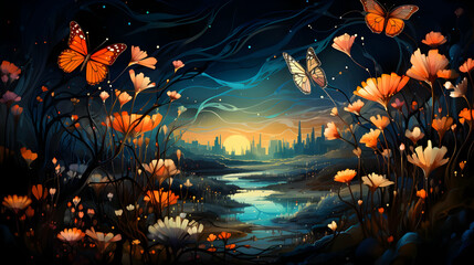 Poster - Sunset Cityscape with Butterflies