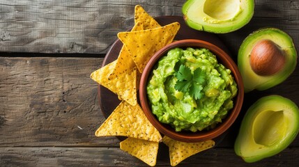 Wall Mural - Guacamole avocado mash dip with tortilla chips and fresh avocados.