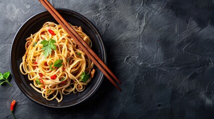 Convenient Asian pasta meal with chopsticks and empty space