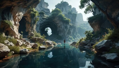 Poster - Mystical Canyon with River and Cave.