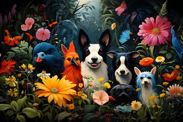 Wall Mural - Dogs & Birds in a Garden