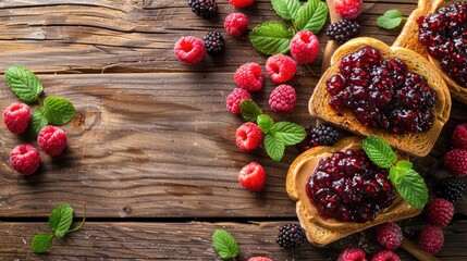 Poster - Top view of peanut butter and berry jam on toast with wooden background and space for text